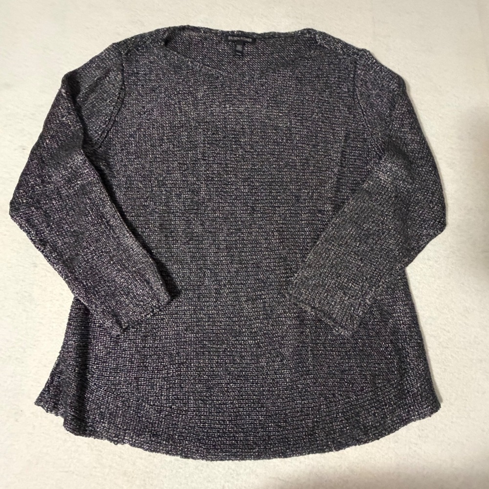 Eileen Fisher Navy Marled Linen Blend Boat Neck Sweater Medium M RSLIC